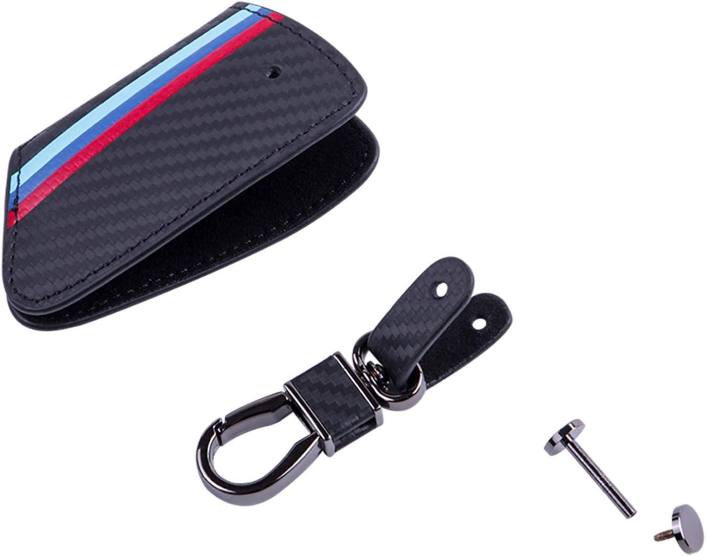 imageJKCOVER Key Fob Holder Protector Compatible with BMW Remote Fob MColored Stripe Black Carbon Fiber Pattern Leather Key Cover with Keychain for 1 2 3 4 5 6 7 Series X3Black