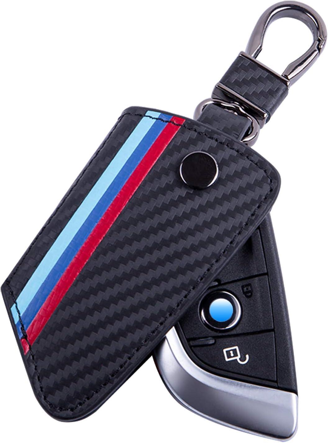imageJKCOVER Key Fob Holder Protector Compatible with BMW Remote Fob MColored Stripe Black Carbon Fiber Pattern Leather Key Cover with Keychain for 1 2 3 4 5 6 7 Series X3Black