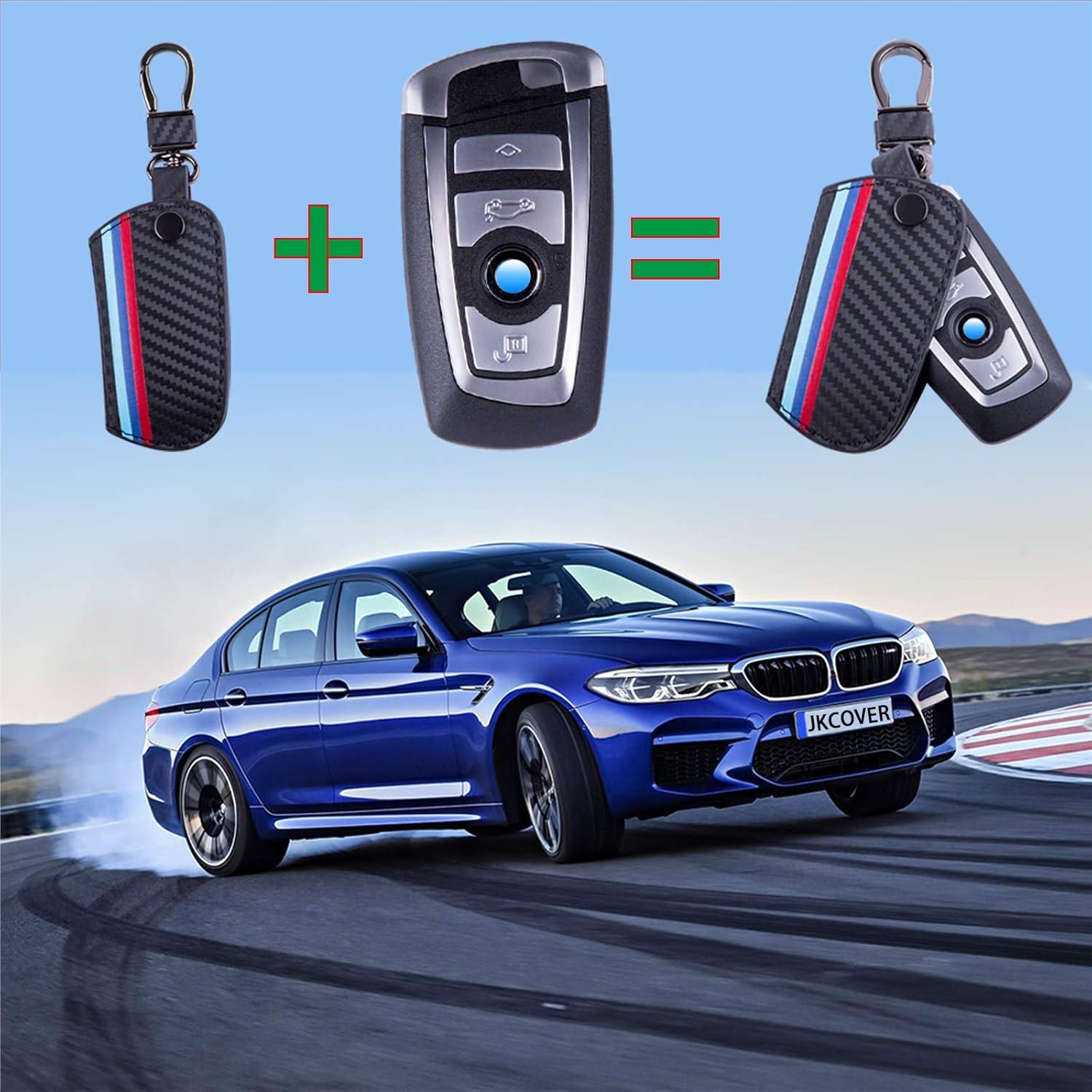 imageJKCOVER Key Fob Holder Protector Compatible with BMW Remote Fob MColored Stripe Black Carbon Fiber Pattern Leather Key Cover with Keychain for 1 2 3 4 5 6 7 Series X3Black
