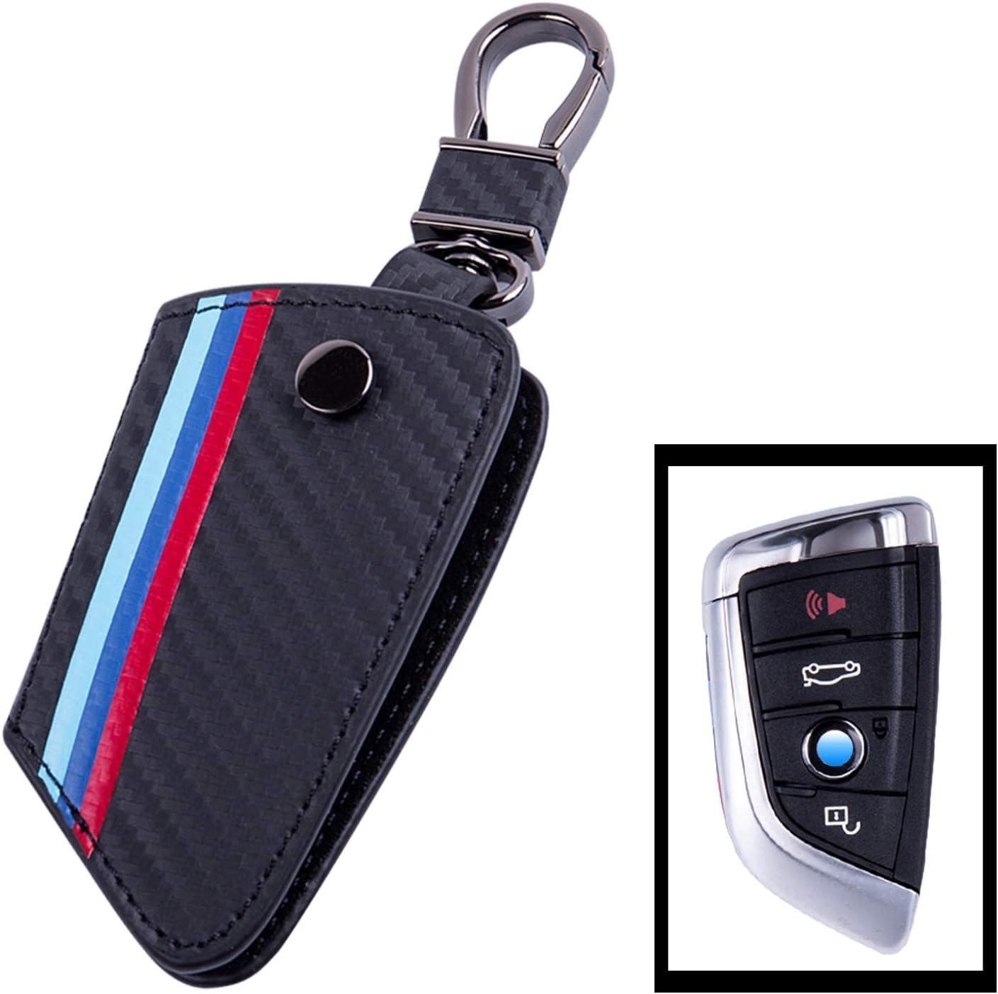 imageJKCOVER Key Fob Holder Protector Compatible with BMW Remote Fob MColored Stripe Black Carbon Fiber Pattern Leather Key Cover with Keychain for 1 2 3 4 5 6 7 Series X3Black