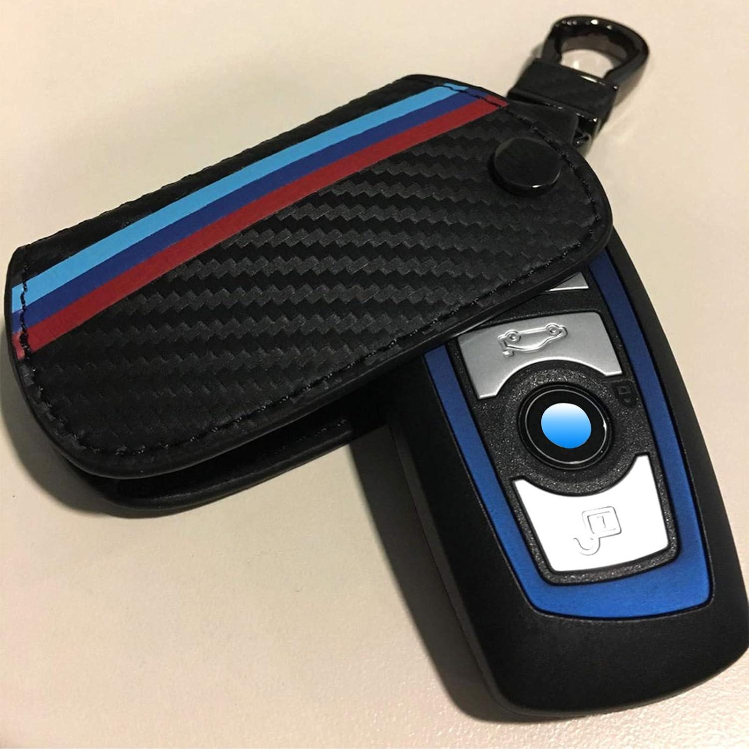 imageJKCOVER Key Fob Holder Protector Compatible with BMW Remote Fob MColored Stripe Black Carbon Fiber Pattern Leather Key Cover with Keychain for 1 2 3 4 5 6 7 Series X3Black
