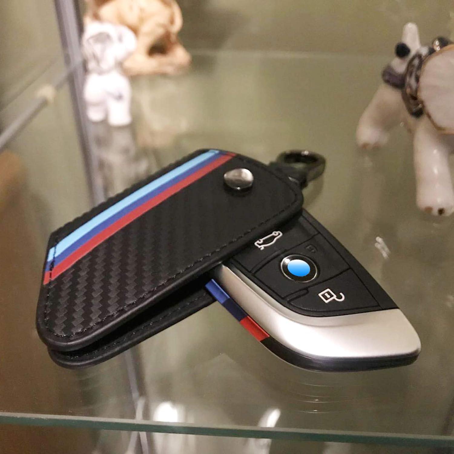 imageJKCOVER Key Fob Holder Protector Compatible with BMW Remote Fob MColored Stripe Black Carbon Fiber Pattern Leather Key Cover with Keychain for 1 2 3 4 5 6 7 Series X3Black