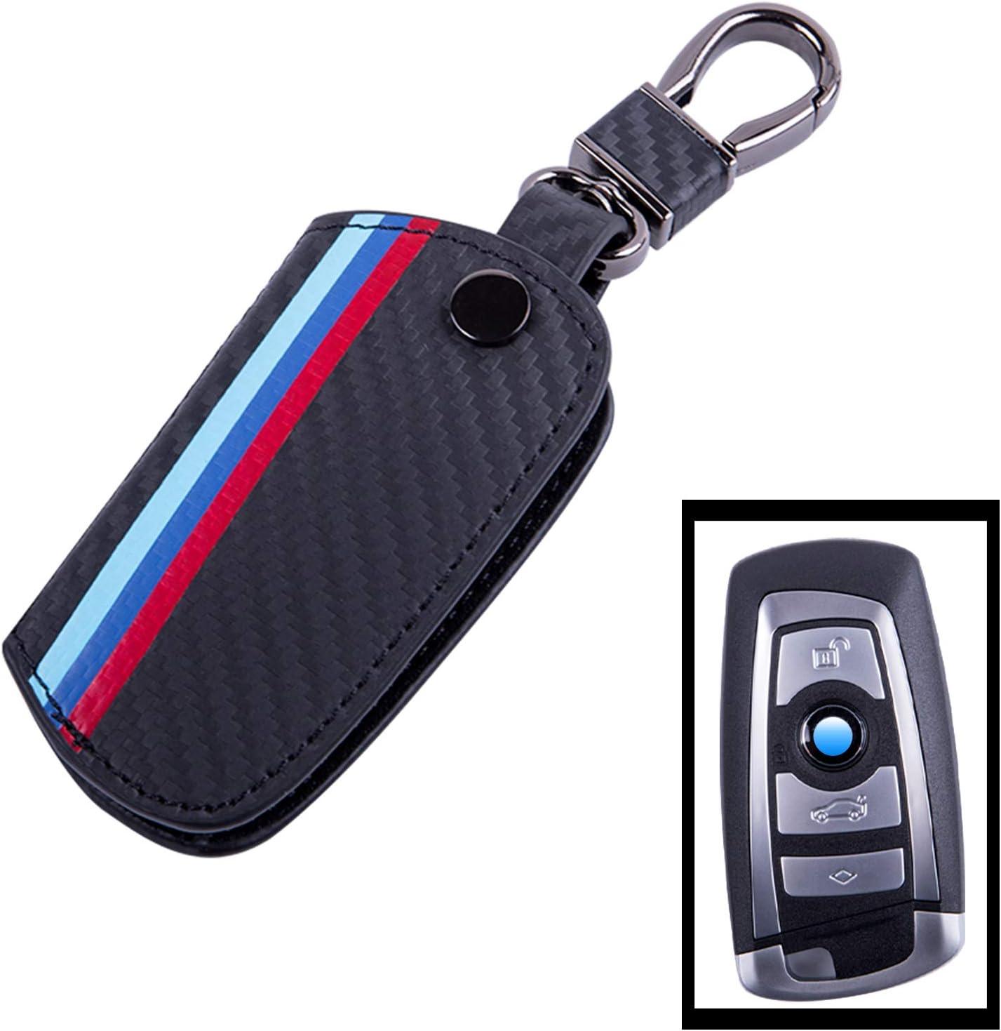 imageJKCOVER Key Fob Holder Protector Compatible with BMW Remote Fob MColored Stripe Black Carbon Fiber Pattern Leather Key Cover with Keychain for 1 2 3 4 5 6 7 Series X3Black