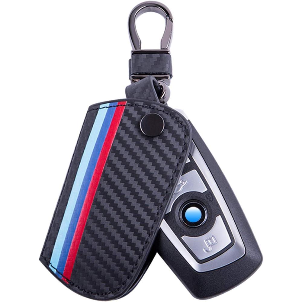 imageJKCOVER Key Fob Holder Protector Compatible with BMW Remote Fob MColored Stripe Black Carbon Fiber Pattern Leather Key Cover with Keychain for 1 2 3 4 5 6 7 Series X3Black