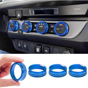 imageJKCOVER Interior Decorated Button Knob Covers Compatible with Toyota Tacoma 2023 2022 2021 2020 2019 2018 2017 2016 4WD Temp Air Conditioner AC Switch Audio CD Aluminum Alloy Knob Ring Red4pcsBlue