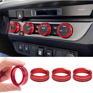imageJKCOVER Interior Decorated Button Knob Covers Compatible with Toyota Tacoma 2023 2022 2021 2020 2019 2018 2017 2016 4WD Temp Air Conditioner AC Switch Audio CD Aluminum Alloy Knob Ring Red4pcsRed