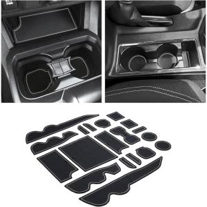 imageJKCOVER Premium Custom Liner Mat Accessories Compatible with Toyota Tacoma 2016 2017 2018 2019 2020 2021 2022 2023 Cup Holder Door Pocket and Center Console Inserts 19 Pcs Double Cab Red TrimGray