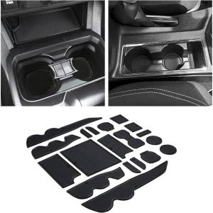 imageJKCOVER Premium Custom Liner Mat Accessories Compatible with Toyota Tacoma 2016 2017 2018 2019 2020 2021 2022 2023 Cup Holder Door Pocket and Center Console Inserts 19 Pcs Double Cab Red TrimBlack