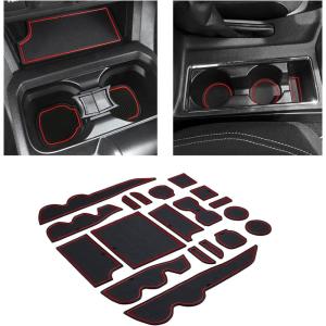 imageJKCOVER Premium Custom Liner Mat Accessories Compatible with Toyota Tacoma 2016 2017 2018 2019 2020 2021 2022 2023 Cup Holder Door Pocket and Center Console Inserts 19 Pcs Double Cab Red TrimRed