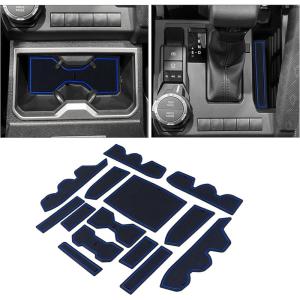 imageJKCOVER Premium Custom Liner Mat Accessories Compatible with Toyota Tacoma 2016 2017 2018 2019 2020 2021 2022 2023 Cup Holder Door Pocket and Center Console Inserts 19 Pcs Double Cab Red TrimDark blue