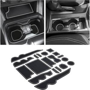 imageJKCOVER Premium Custom Liner Mat Accessories Compatible with Toyota Tacoma 2016 2017 2018 2019 2020 2021 2022 2023 Cup Holder Door Pocket and Center Console Inserts 19 Pcs Double Cab Red TrimWhite